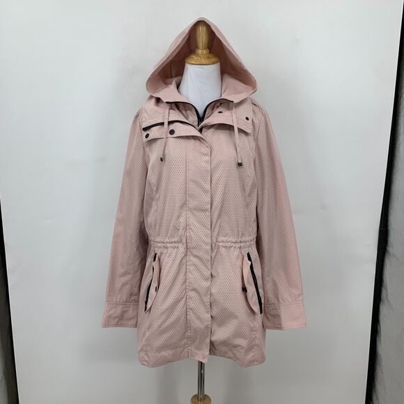 BCBGeneration Double Zip Jacket Women M Pink Snap Button Bungee Tie Waist Hoodie - Picture 2 of 16